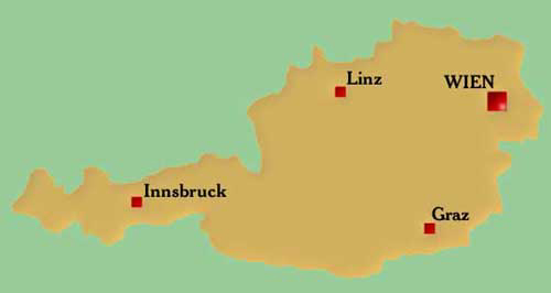 Karte mit den Orten WIEN, Linz, Graz und Innsbruck