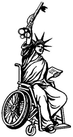 Bild: Die Freiheitsstatue im Rollstuhl sitzend hält einen Schlüssel hoch